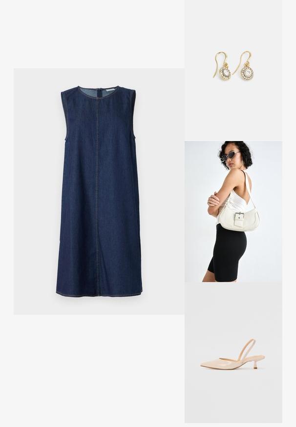 Tumši zilā džinsa bezpiedurkņu kleita ar apaļu kakla izgriezumu, centrālo šuvi ar kontrastējošu šuvumu, brīvu piegriezumu un ceļu garumu.; Bežīgas lakotas ādas slingback papēži ar smailu purngalu un šauru, kvadrātveida papēdi. Gluda tekstūra un minimālistisks dizains bez dekorēšanas elementiem.; Balta ādas rokassoma ar izliekta formu, regulējamu siksniņu un mazu sprādzi. Modelis valkā pieguļošu melnu apģērbu.; Zelta tonī veidotas auskaru piekariņi ar ovālu izgriezumu caurspīdīgām kristālēm, kuras ieskauj mazākas caurspīdīgas akmeņu daļiņas, ar āķveida dizainu drošai valkāšanai.
