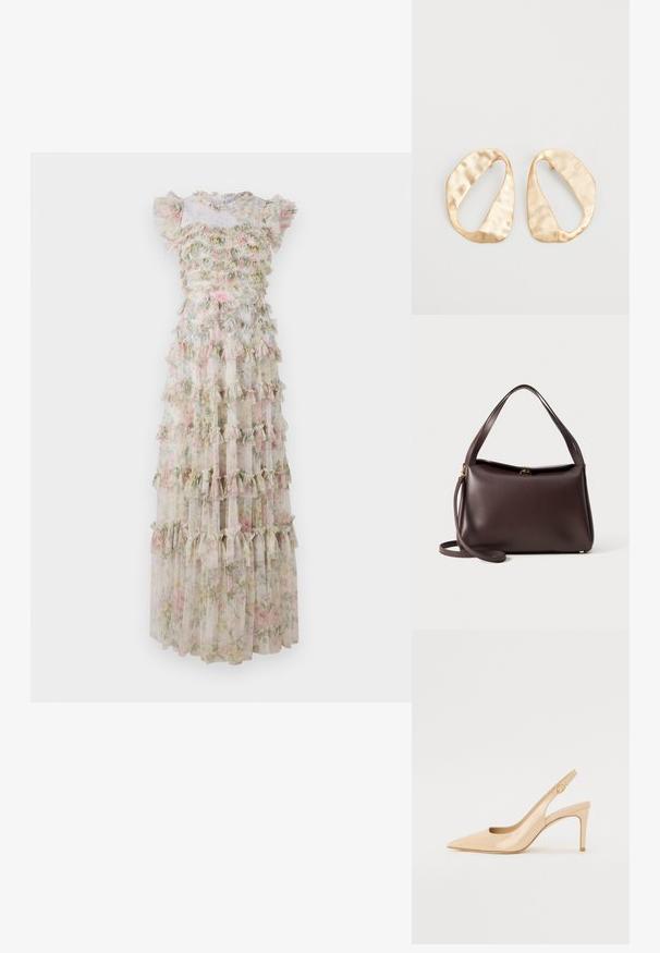 Floral maxi dress made of sheer fabric with ruffled layers in pastel colors. Features short sleeves and a fitted bodice with a ruffled neckline.; Nude patent leather slingback heel with a pointed toe, open vamp, and a thin stiletto heel. Features a circular gold accent on the strap.; Brown leather handbag with a structured shape, featuring a single top handle and a detachable shoulder strap. Gold-tone hardware detail.; Pair of irregular oval-shaped gold-toned metal earrings with a textured, slightly hammered surface on a white background.