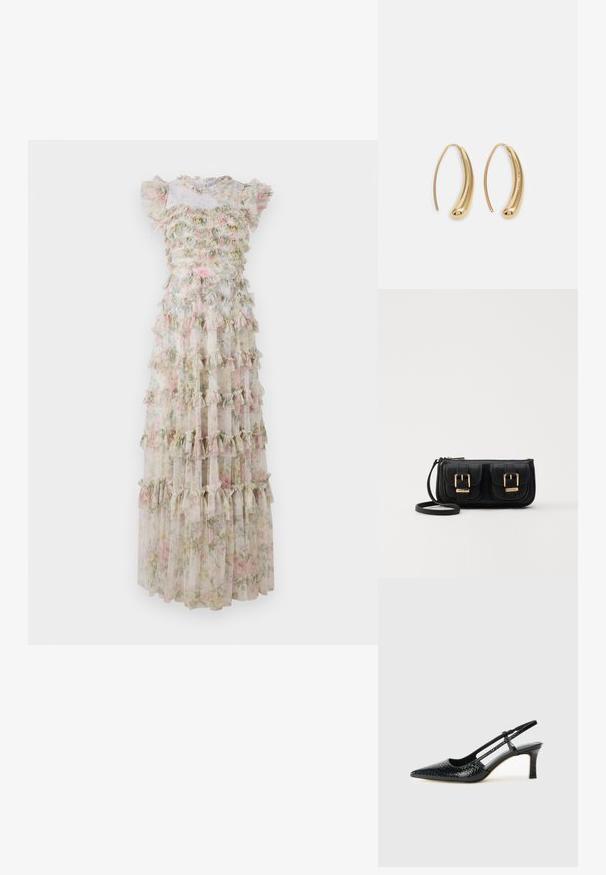 Floral maxi-jurk van doorschijnende stof met gerimpelde lagen in pastelkleuren. Heeft korte mouwen en een aansluitend lijfje met een gerimpelde halslijn.; Zwart patent slingback hak met een spitse neus, voorzien van een gestructureerde slangenprint, verstelbare band en een korte, gestructureerde blokhak.; Zwarte leren schoudertas met twee vo pockets, gouden gespen, ritsluiting en een smalle band. Tekstuur oppervlak en compacte rechthoekige vorm.; Gouden metalen oorbellen in de vorm van een gebogen, verlengde hoop. Kenmerkend zijn het gladde, glanzende oppervlak en de afgeronde punt voor extra detail.