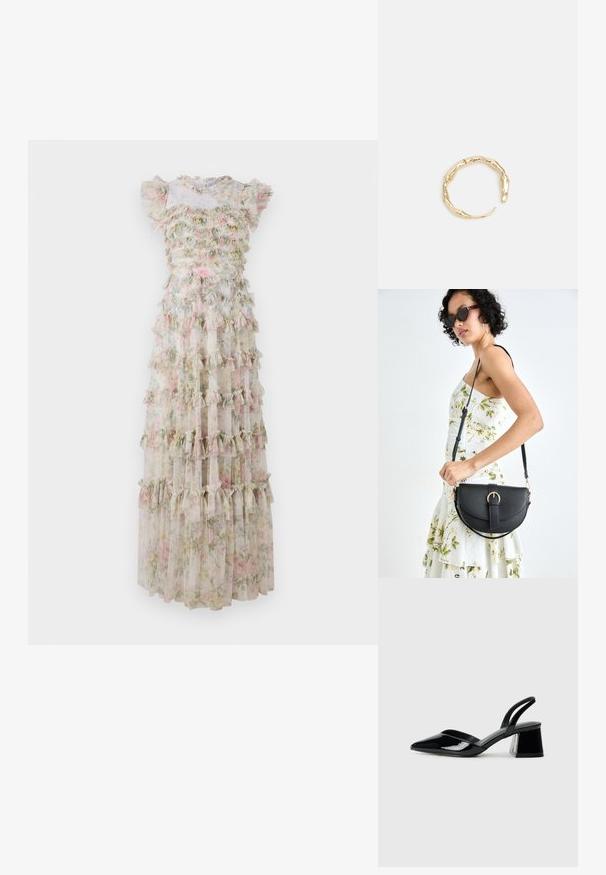 Gėlėta maksi suknelė, pagaminta iš permatomo audinio su raukšlėmis pastelinių spalvų. Turi trumpas rankoves ir prigludusį liemenį su raukšlėtu kaklu.; Juodos lakuotos odinės šlepetės su smailiu pirštu ir geometriniu bloko kulnu. Turi elegantišką, minimalistinį dizainą ir lygų paviršių.; Juodas odinis krepšys su išlenkta forma, nuimamu dirželiu ir auksiniais detalėmis. Krepšys turi kilpą su sagtimi.; Auksinės spalvos žiedas, turintis organišką, sukimosi dizainą su lygiu paviršiumi ir siaurėjančiais galais, sukuriantis modernią skulptūrinę išvaizdą.