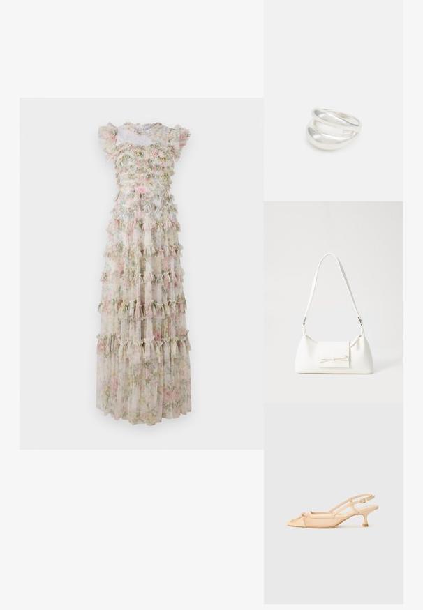 Lillelilleline maksikleit, mis on valmistatud läbipaistvast kangast, rippuvaid kihte pastellvärvides. Omab lühikesi varrukaid ja istuvat ülaosa koos rippuva kaelusega.; Stuart Weitzman KITTY - Klassikalised kontsakingad - beige/barely beige; Valge sünteetilisest materjalist kott kolmnurkse kujuga, lame esiklapiga ja kaaredetailiga, reguleeritava rihmaga, sileda tekstuuriga ja minimalistliku disainiga.; Hõbedane kahekordne rõngas sujuva, poleeritud pinnaga. Omab voolavat, kõverat disaini, millel on kattuvad sektsioonid, et saavutada kaasaegne ilme.