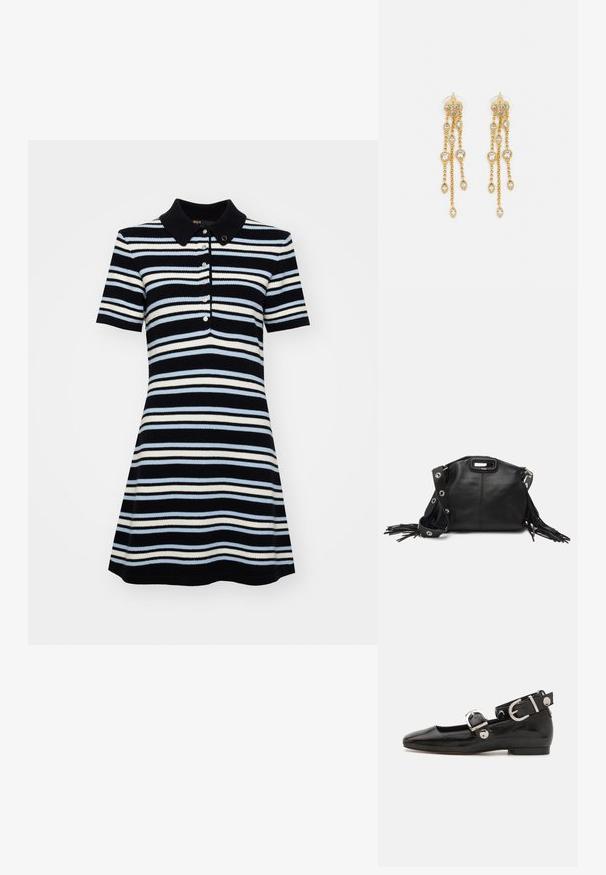 Abito polo a maniche corte con corsetto aderente e gonna svasata, caratterizzato da righe orizzontali navy, azzurro e bianco, e tre bottoni.; Scarpa flat in vernice nera con punta quadrata, cinturino alla caviglia con hardware in argento e suola piatta. Texture liscia con design minimalista.; Maje MISS MINI - Borsa a tracolla - noir; Orecchini dorati con molteplici catene a cascata, dotati di accenti in strass ovali trasparenti e parte superiore decorativa a perno.
