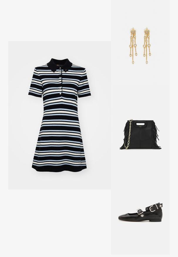 Trumpa rankovėmis polo suknelė su prigludusia liemene ir platėjančia sijonu, su jūros mėlyniais, šviesiai mėlynais ir baltais horizontaliais dryžiais bei trimis mygtukais.; Juodas lakinės odos plokščias batelis su kvadratiniu pirštu, kulkšnies dirželiu su sidabro detalėmis ir plokščiu padu. Sklandus paviršius su minimalistišku dizainu.; Juodas odinis rankų darbo rankinys su frinzuotomis detalėmis, auksine grandinės petneša ir išpjauto dizaino rankena. Pirmoje pusėje yra logotipo vieta.; Aukso spalvos auskarai su keliais kaskadiniais grandinėlėmis, su skaidriais ovaliais kristalų akcentais ir dekoratyviniais auskarų priekiais.