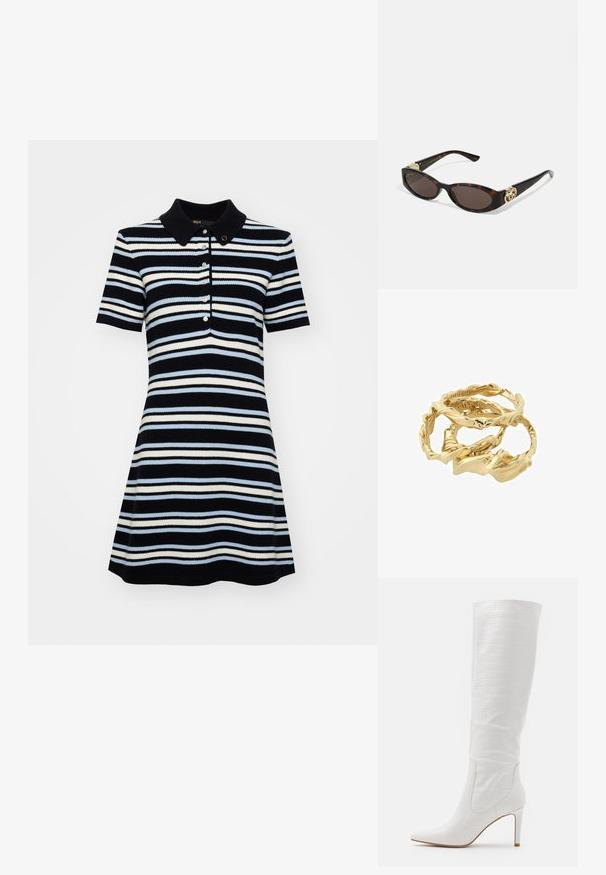 Polo obleka s kratkimi rokavi z oprijetim zgornjim delom in razširjenim krilom, ki ima morsko modre, svetlo modre in bele horizontalne črte ter tri gumbe.; RAID TRIBUTE - Škornji z visoko peto - white; Kornjačaste sunčane naočale s izduženim ovalnim lećama, smeškim tonovima, zlatnim logotipom na drškama i elegantnim crnim rukohvatima.; Zlate obročke v ovinkih, zložene skupaj, ki se ponašajo z teksturiranim dizajnom z gladkimi in ukrivljenimi robovi, kar ustvarja organski, tekoči videz.