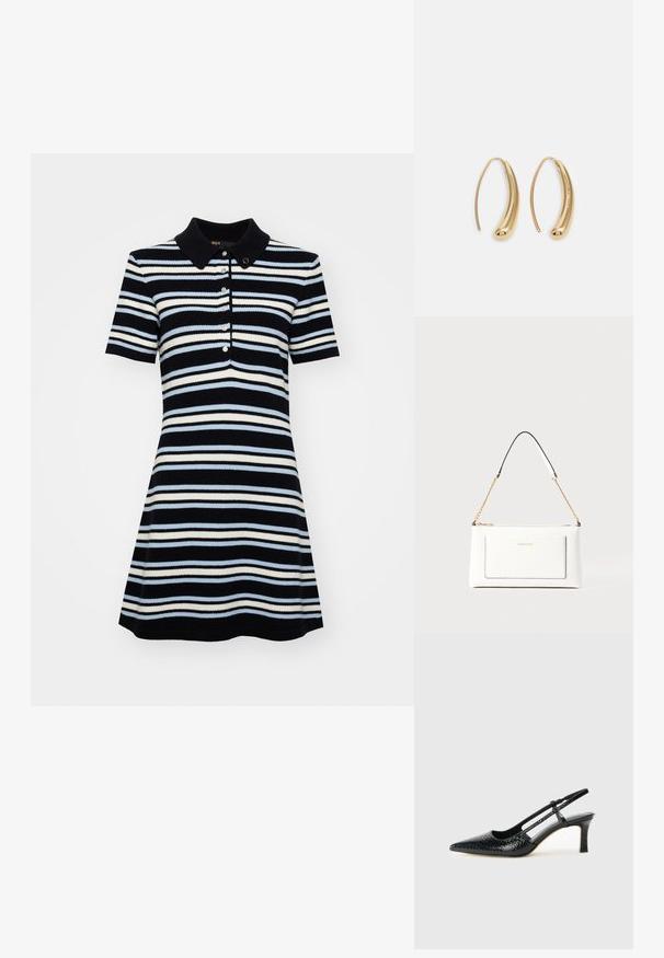 Kratší polo šaty s přiléhavým korzetem a rozšířenou sukní, se námořnickou, světle modrou a bílou vodorovnou pruhovanou vzorováním a třemi knoflíky.; Černé lakované slingback podpatky s špičatou špičkou, zdobené texturovaným hadím vzorem, nastavovacím páskem a krátkým texturovaným blokovým podpatkem.; Bílá kožená kabelka s texturovaným povrchem, zdobená zlatým řetízkem a černými akcenty. Obsahuje přední kapsu a uzavírání na zip.; Náušnice ve tvaru kruhu z pozlaceného kovu s vroubkovaným, prodlouženým tvarem. Mají hladký, lesklý povrch a zaoblený konec pro zvýraznění detailu.