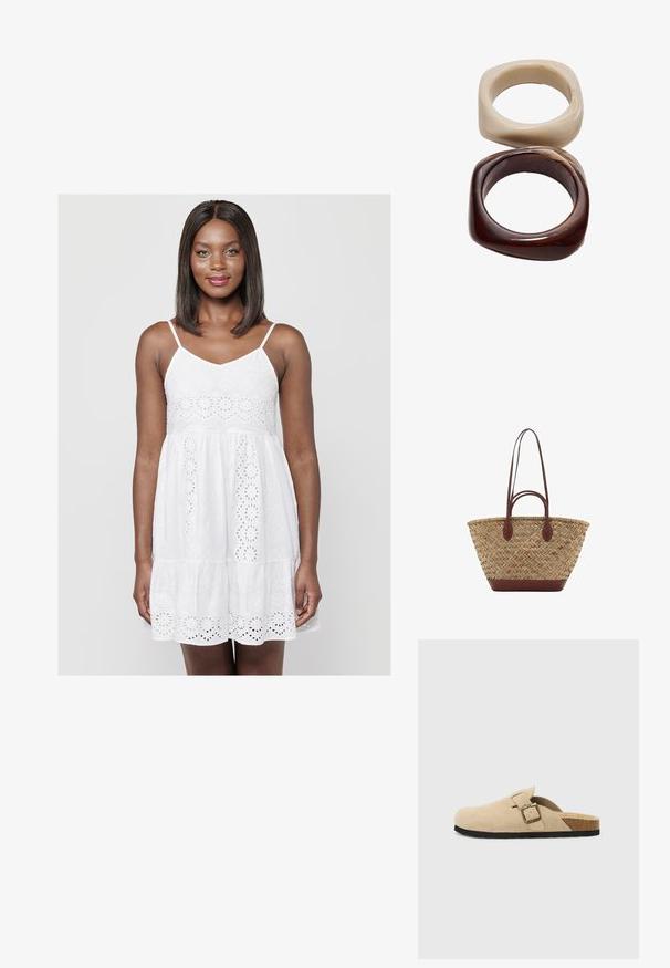 Koroshi Dnevna obleka - blanco white; Bež sueded klompe na potplat s koricom, zaobljenim vrhom i jednostavnom trakom s zlatnim kopčom. Gumeni potplat za prianjanje.; Tkana torba iz trstike z pleteno teksturo, temno rjavi usnjeni ročaji in dno, široka okrogla oblika in odprt vrhnji del.; Stradivarius SET - Zapestnica - dark brown