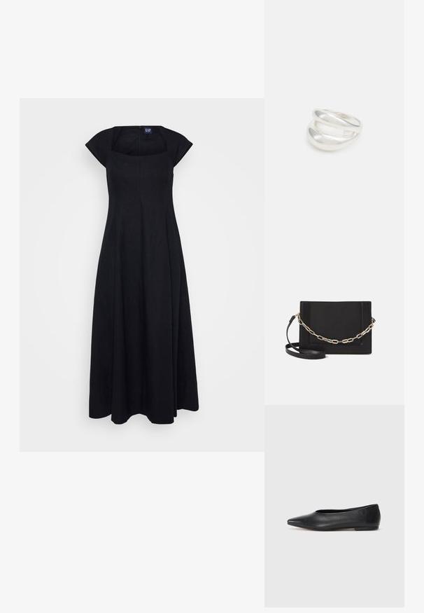 Czarna lniana sukienka z kwadratowym dekoltem, krótkimi rękawami i zwiewnym krojem spódnicy. Posiada zamek błyskawiczny z tyłu do zapięcia.; Czarne baleriny z lakierowanej skóry, spiczasty nosek, minimalistyczny design, gładka faktura, niskie obcasy, bez widocznych elementów metalowych czy ozdób.; Czarna skórzana torebka typu crossbody z gładką teksturą, prostokątnym kształtem oraz metalowym detalem w postaci łańcuszka z przodu. W zestawie regulowany pasek.; Srebrna obrączka podwójna z gładką, polerowaną powierzchnią. Posiada płynny, zakrzywiony kształt z nakładającymi się sekcjami, co nadaje nowoczesny wygląd.
