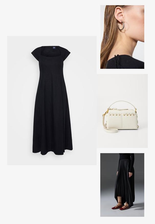 Rochie din in negru cu decolteu pătrat, mâneci scurte și un design al fustei fluid. Prezintă un fermoar la spate pentru închidere.; Fustă pliată neagră cu un tiv înalt-jos, asortată cu balerini roșii strălucitori cu un design cu curea. Tesătura are o textură netedă.; Geantă din piele vegană albă, cu fermoar superior, mână scurtă și un bretele removabilă pentru umăr, cu accesorii aurii. Detaliu cu șnur lateral.; Cercel din argint cu un finisaj polișat, având detalii mici din aur și o formă rotundă, purtat pe lobul urechii.