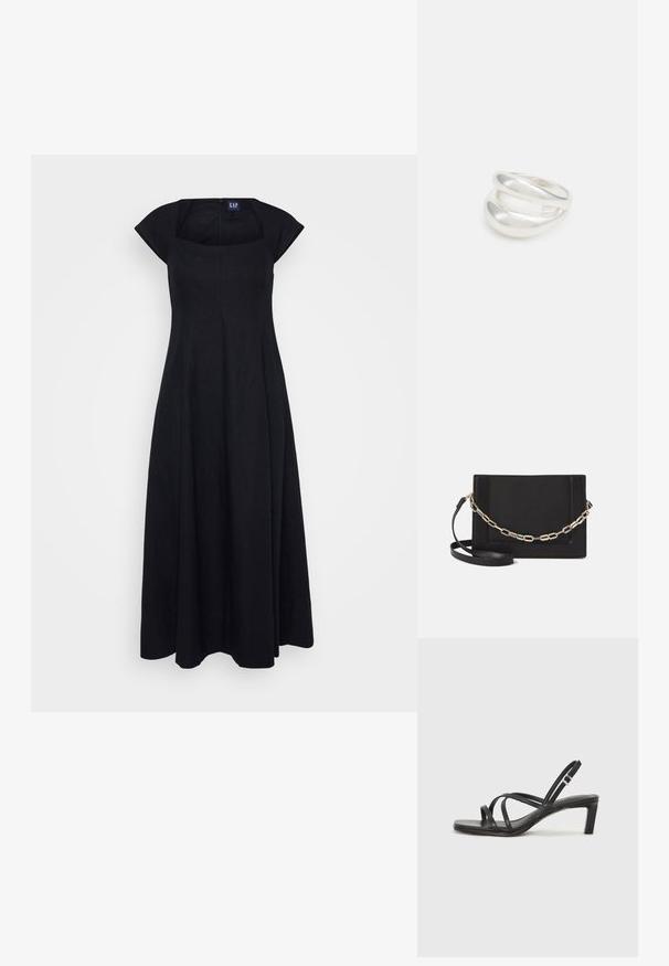 Melnas lins kleita ar kvadrātveida izgriezumu, īsām piedurknēm un plūstošu svārku dizainu. Iezīmē aizmugurējo rāvējslēdzēju aizdarei.; Melnas strappy sandales ar kvadrātveida purngaliem un zemu bloku papēdi. Ievērojamas ar vairākiem plāniem siksniņām un regulējamu potītes siksniņu. Izgatavotas no gludas ādas.; Melna ādas crossbody soma ar gludu faktūru, taisnstūrveida formu un metalizētu ķēdes detaļu priekšā. Iekļauta regulējama siksna.; Sudraba divu joslu gredzens ar gludu, pulētu virsmu. Iezīmējas ar plūstošu, izliekta dizaina struktūru ar pārklājošām sekcijām modernam izskatam.