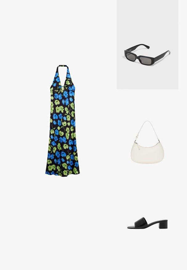 Šaty s halterským výstrihom vyrobené z ľahkej látky, s čiernym pozadím a modrými a zelenými kvetinovými vzormi, strednej dĺžky s uvoľneným strihom.; Čierne kožené sandále s otvorenou špičkou, širokým pásikom a pevným blokovým podpätkom. Majú hladký povrch a minimálny dizajn.; Čierne obdĺžnikové slnečné okuliare so šedými sklami, vyrobené z hladkého plastu. Majú minimalistický dizajn s rovnými ramenami a decentným brandingom.; Biela kožená kabelka s oblým tvarom, nastaviteľným popruhom a vrchným zipsom. Hladká textura s minimálnymi kovovými detailmi.