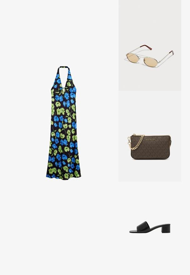 Halterska haljina napravljena od laganog materijala, sa crnom pozadinom i plavim i zelenim cvjetnim uzorcima, srednje dužine sa opuštenim krojem.; Crne kožne sandale otvorenih prstiju s širokom trakom i čvrstim blok-potpeticom. Imaju glatku teksturu i minimalistički dizajn.; Metalne sunčane naočale s ovalnim, svjetlosmešim lećama. Tanjurasti srebrni okvir s teksturiranim detaljima i crvenkasto-smešnim vrhovima na drškama.; Smeđa kožna torba preko ramena s uzorkom loga, zlatna lanac trakica, zatvaranje na patentni zatvarač i zlatni metalni detalji. Kompaktna i pravokutna forma.