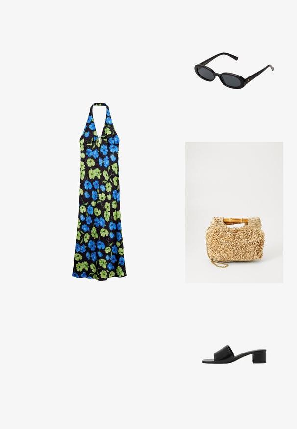 Halter ovratnik obleka iz lahkega materiala, z črno podlago in modro-zelene cvetlične vzorce, srednje dolžine in sproščenega kroja.; Črne usnjene sandale z odprtim prstom in širokim trakom ter trdim blokastim peto. Imajo gladko teksturo in minimalističen dizajn.; Črne oversize sončne očala z ovalnimi lečami, gladkim plastičnim okvirjem in zlatenimi detajli na templjih. Temne leče zagotavljajo zaščito pred soncem.; Woven straw torba z bambusovimi ročaji, z teksturiranim frufru dizajnom v naravni bež barvi in z zlatim verižnim pasom.