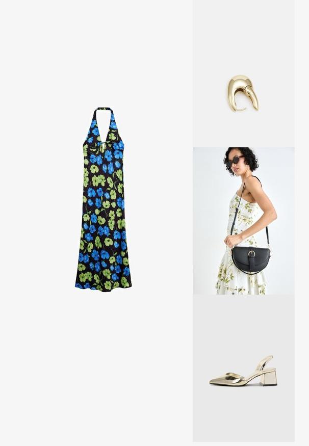 Halternekkjurk van lichtgewicht stof, met een zwarte achtergrond en blauwe en groene bloemmotieven, middenlange lengte met een ontspannen pasvorm.; Gouden, metalen slingback hakken met een spitse neus en een chunky hak. Glad oppervlak, minimalistisch ontwerp en een smalle band.; Zwarte leren handtas met een gebogen vorm, afneembare schouderband en gouden hardware. De tas heeft een klep met een gespsluiting.; Gouden metalen oorbel met een slank, gebogen ontwerp. Beschikt over een kenmerkende puntige vorm, gepolijste oppervlakte en scharnier sluiting.