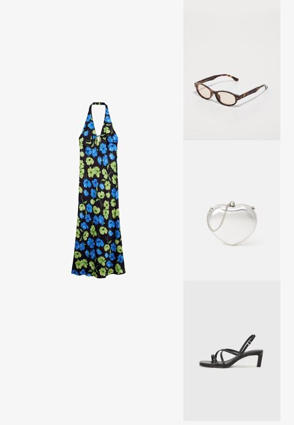 Halternekkjurk van lichtgewicht stof, met een zwarte achtergrond en blauwe en groene bloemmotieven, middenlange lengte met een ontspannen pasvorm.; Zwarte sandaal met bandjes, vierkante teen en een lage blokhak. Voorzien van meerdere dunne bandjes en een verstelbare enkelband. Gemaakt van zacht leer.; Schildpadbril met een ronde vorm en lichte lenzen. Heeft stevige armen met kleine gouden accenten, gemaakt van plastic materiaal.; Hartvormige metalen zilveren clutch met een gladde textuur, sluiting met haak en een zilveren kettingband.
