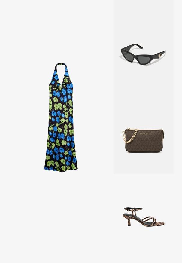 Robe à col halter en tissu léger, présentant un fond noir avec des motifs floraux bleus et verts, de longueur mi-longue et d'une coupe décontractée.; Sandales à talons imprimées léopard avec un bout carré, plusieurs brides et un talon de hauteur intermédiaire. Fabriquées en matériau textile doux.; Lunettes de soleil en œil de chat avec une monture en plastique noir mat, des verres foncés et un accent en or avec le logo sur la branche. Design angulaire et texture lisse.; Sac en cuir brun à bandoulière avec motif logo, bandoulière en chaîne dorée, fermeture éclair et accents de quincaillerie dorée. Forme compacte et rectangulaire.
