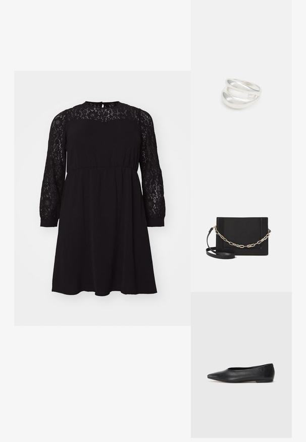 Schwarzes Kleid mit einer Spitzenschicht auf den langen Ärmeln, rundem Ausschnitt und elastischem Bund, mit einer lockeren, fließenden Silhouette.; Schwarze Leder-Balletschuhe, spitze Zehenform, minimalistische Gestaltung, glatte Textur, niedriger Absatz, keine sichtbaren Beschläge oder Verzierungen.; Schwarze Leder-Crossbody-Tasche mit glatter Textur, rechteckiger Form und metallic-kettendetail auf der Vorderseite. Verstellbarer Gurt inklusive.; Silberner Doppelring mit einer glatten, polierten Oberfläche. Verfügt über ein fließendes, kurviges Design mit überlappenden Abschnitten für einen modernen Look.