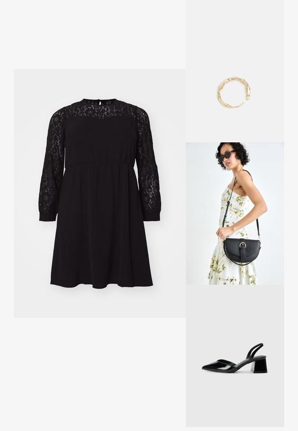 Čierne šaty s čipkovanou vrstvou na dlhých rukávoch, okrúhlym výstrihom a elastickým pásom, s voľným a splývavým strihom.; Čierne lakované kožené sandálové podpätky s špicatou špičkou a geometrickým blokovým podpätkom. Disponujú elegantným, minimalistickým dizajnom a hladkým povrchom.; Čierna kožená kabelka s zaobleným tvarom, odnímateľným popruhom a zlatými doplnkami. Kabelka má klopu s detailom s prackou.; Prsteň v zlatej farbe s organickým, skrúteným dizajnom, hladkým povrchom a zužujúcimi sa koncami, vytvárajúci moderný, sochársky vzhľad.