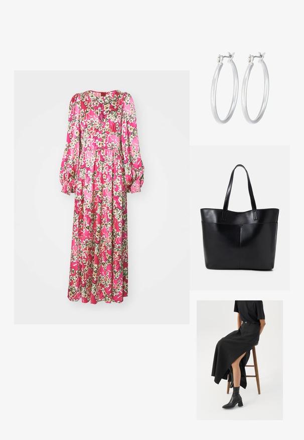 HUGO KWEEN - Maxikleid - mehrfarbig; Schwarzer Leinen-Maxi-Rock mit hohem Schlitz, getragen mit einem schwarzen T-Shirt und schwarzen Knöchelstiefeln. Minimalistisches Design mit lockerer Passform.; Schwarze Leder-Shopper-Tasche mit zwei langen Griffen, einer glatten Textur und einer strukturierten Form. Verfügt über eine Vordertasche für zusätzlichen Stauraum.; Silberne Creolen mit einer glatten, polierten Oberfläche. Runder Form und sicherem Klickverschluss. Leichtes Design, geeignet für den täglichen Gebrauch.