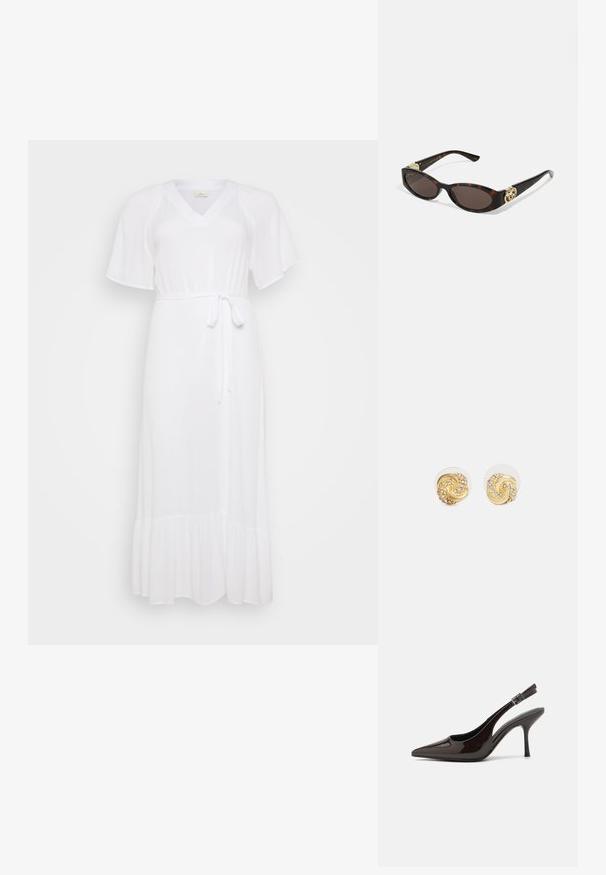Hvit midikjole med V-hals, korte flagrende ermer, en knyting i midjen og en flagrende kant med volangdetaljer. Lett materiale.; Slingback høyhælte sko i blankt mørkebrunt patentlær, spiss tå, åpne sider og justerbar ankelrem.; Skilpadde-solbriller med avlange ovale linser, brun tint, gull-logo aksenter på stengene og elegante svarte armer.; Gullige svungne øreringer med klar bakgrunn, som har teksturerte gullakenter og små klare edelstener innebygd i designet.