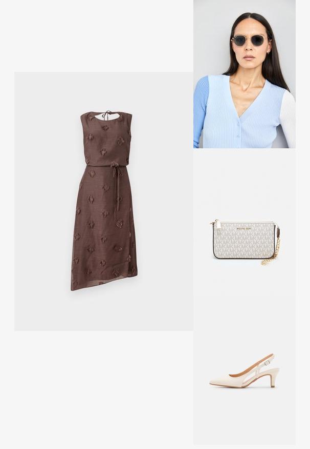 Pruun kleit tekstureeritud kangast, millel on tikitud lillemustrid, ümar kaelus tagasitõmmatava nööbiga ja vöökoht on tõmmatav vööga.; Valge slingback konts, terava ninaga, siledast ülemisest materjalist, madala ploki kontsaga ja külgse nähtavusega ning reguleeritava pandla rihmaga.; Ringikujulised prillid tumedate läätsede ja kullast raamiga. Mudel on selga pannud helesinise soonikuga kardigani, millel on nupud ja kontrastsed valged varrukad.; Michael Korsi randmevõru beige kaetud kangast, millel on korduv MK logo muster, kuldne riistvara ja eemaldatav ahelistrap.