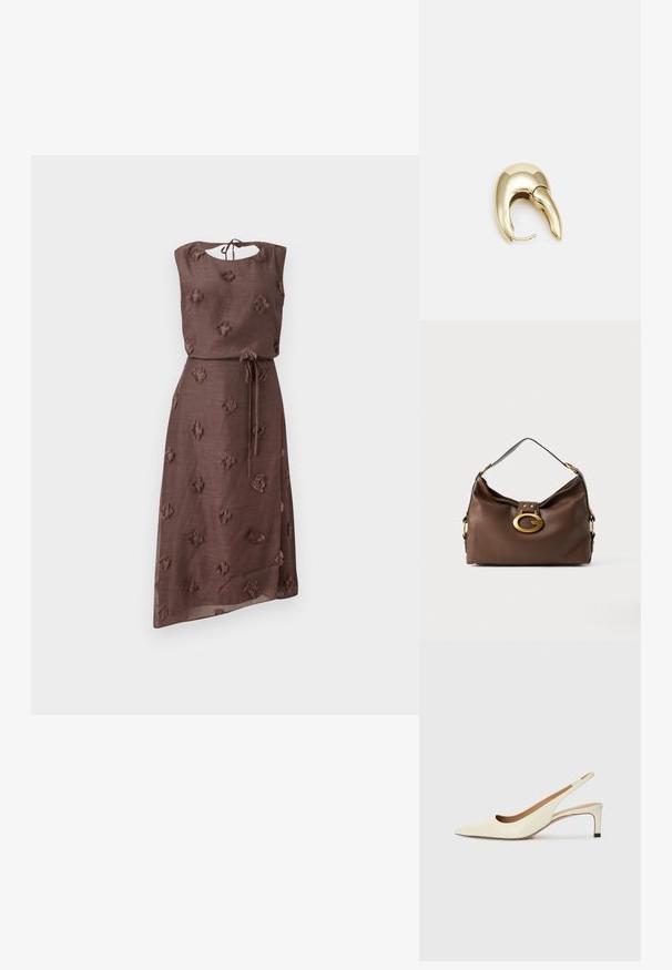 Rudas suknelė, pagaminta iš tekstūruotos medžiagos, puošta siuvinėtais gėlių raštais, su apvaliu iškirpimu, užsegamu nugaroje ir įtemptu liemeniu, kuris papuoštas diržu.; Smailo nosiu slingback bateliai off-white oda, su žemu kulnu ir išpjovimo dizainu, turintys lygų paviršių ir minimalų akcentų skaičių.; Ruda odinė rankinė su tekstūruotu paviršiumi, turinti auksinės spalvos užsegimą ir vieną išlenktą petį.; Aukso tono metalinės auskarai su stilingu, kreiviu dizainu. Išsiskiria ryškiu smailiu pavidalu, poliruota paviršiumi ir užsegimu su vyriu.