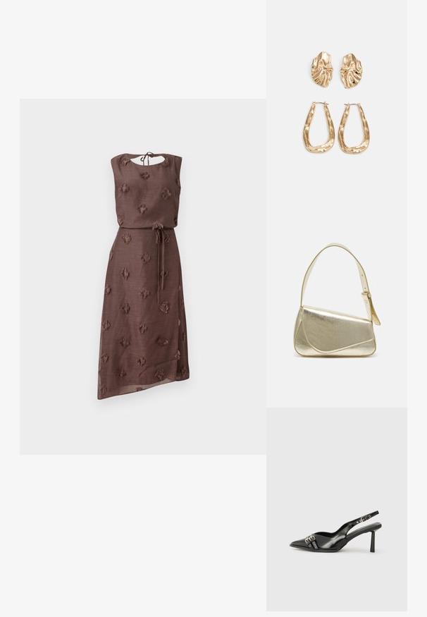 Brown dress made of textured fabric featuring embroidered floral patterns, a round neckline with a back tie, and a cinched waist with a belt.; Black patent leather slingback shoe with pointed toe, ankle straps featuring silver buckles and hardware, and a slender heel.; Gold metallic handbag with a structured design, smooth texture, and adjustable strap. Features a unique triangular shape and minimalist stitching.; Gold-tone earrings featuring textured, wavy shapes. Includes sculptural clip-on studs and open hoop design with a hammered finish.