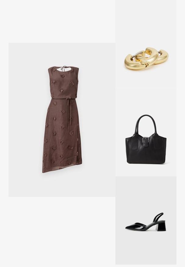 Hnědé šaty vyrobené z texturované látky, zdobené vyšívanými květinovými vzory, s kulatým výstřihem a zavazováním na zádech, a s přiléhavým pasem se zavazovacím opaskem.; Černé lakované kožené lodičky na pásku s špičatou špičkou a geometrickým blokovým podpatkem. Vyznačují se elegantním, minimalistickým designem a hladkým povrchem.; Černá kožená tote taška s hladkým povrchem, strukturovaným tvarem, dvěma uchy a výrazným stříbrným detailem s přezkou na přední straně.; Zlaté kruhové náušnice s hladkým, zaobleným designem. Obsahují spojovací stříbrný prvek pro snadné nošení a ukazují lesklý povrch.