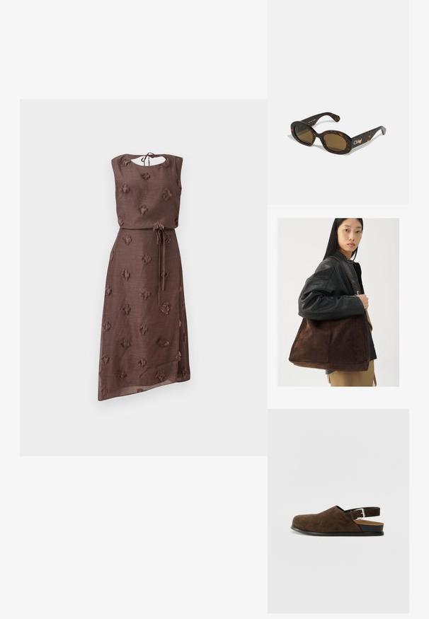 Brown dress made of textured fabric featuring embroidered floral patterns, a round neckline with a back tie, and a cinched waist with a belt.; Brown suede slip-on shoe with a low heel, an adjustable strap with a silver buckle, and a black rubber sole.; Tortoiseshell sunglasses with oval frames, brown tinted lenses, and "Chloé" branding on the arm. Smooth plastic material with glossy finish.; Brown suede tote bag with a wide shape and soft texture, featuring a single strap and minimal hardware against a neutral backdrop.
