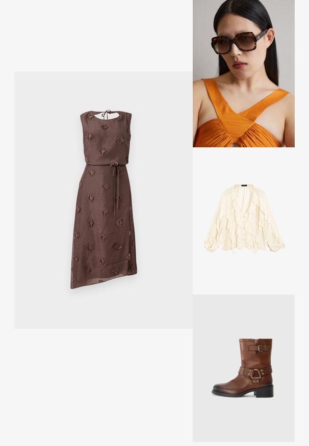 Brun kjole lavet af struktureret stof med broderede blomster mønstre, en rund halsudskæring med bindebånd bagpå og en indsnævret talje med et bælte.; Massimo Dutti FLOWING GARMENT WITH RUFFLES - Skjortebluser - beige; Brun læder ankelstøvle med afrundet tå, sidelukning detail og en lav blokhæl. Glat finish med kontrasterende metal accenter.; Brune skildpaddemønstrede oversized solbriller med en bred rektangulær kant og gradientlinser. Guldfarvet logo detalje på siden.; Bølgebrun suede tote taske med et trekantet design, forlængede skulderstropper og en stor åben top med et udskåret håndtag.