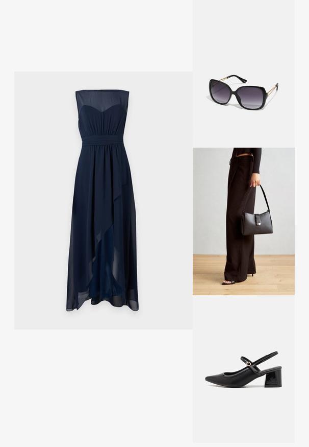 Navy blue evening dress, sleeveless with a sweetheart neckline. Flowy chiffon fabric, gathered waist, and asymmetrical hemline.; Black patent leather slingback heels with a pointed toe, a rounded cutout design, and a block heel. Features a gold-tone buckle accent.; Black oversized sunglasses with gradient lenses, thick frames, and gold-tone chain detailing on the temple arms.; Black handbag with structured shape, smooth texture, and a metallic clasp. Paired with wide black pants and open-toe sandals on wooden floor.