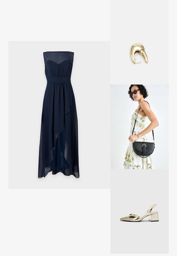 Navy blue evening dress, sleeveless with a sweetheart neckline. Flowy chiffon fabric, gathered waist, and asymmetrical hemline.; Gold, metallic slingback heels with a pointed toe and chunky heel. Smooth texture, minimalistic design, and a narrow strap.; Black leather handbag with a curved shape, detachable strap, and gold hardware. The bag features a flap with a buckle detail.; Gold-tone metal earring with a sleek, curved design. Features a distinctive pointed shape, polished surface, and hinge closure.