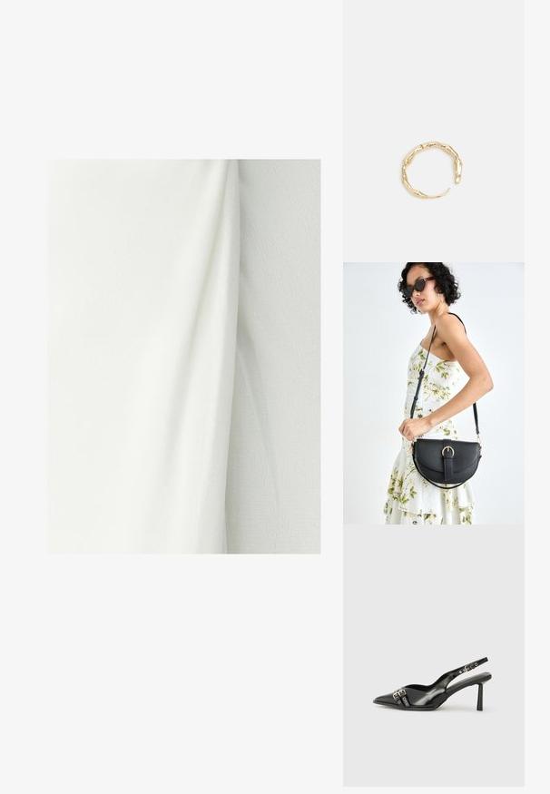 Baltas audinys su tekstūru, rodantis švelnias raukšles ir drapiruotes. Medžiaga atrodo lengva ir glotni.; Juodas lakuotas odinis batelis su smailiu pirštu, kulkšnies dirželiais su sidabrinėmis sagtimis ir detalėmis, bei plonu kulnu.; Juodas odinis krepšys su išlenkta forma, nuimamu dirželiu ir auksiniais detalėmis. Krepšys turi kilpą su sagtimi.; Auksinės spalvos žiedas, turintis organišką, sukimosi dizainą su lygiu paviršiumi ir siaurėjančiais galais, sukuriantis modernią skulptūrinę išvaizdą.