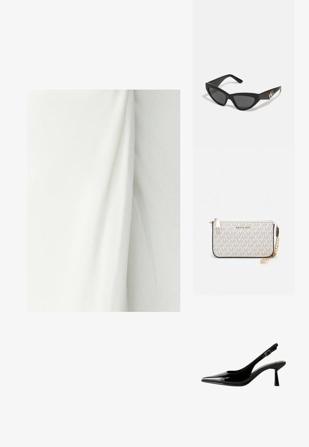 Wit textiel met een gestructureerd oppervlak, met zachte plooien en draperingen. Het materiaal lijkt lichtgewicht en glad.; Zwarte gepatineerde leren slingback pump met een spitse neus, uitsparingen aan de zijkanten, een verstelbare enkelband en een dunne, slanke hak.; Cat-eye zonnebrillen met een matte zwart plastic frame, donkere lenzen en een gouden logo-accent op de poot. Hoekig ontwerp en een soepele textuur.; Michael Kors polsbandje in beige gecoate canvas met een herhaald MK-logo patroon, gouden hardware en een afneembare kettingriem.