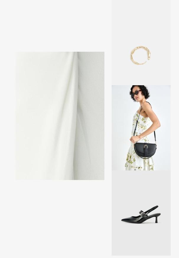 Valge kangas tekstureeritud pinnaga, millel on pehmed voltid ja langeb. Materjal paistab kergena ja siledana.; Mustad patenteeritud nahast sildiga kontsad, millel on terav nina ja väike plokk-konts, mille rihmal on hõbedane pandla aksessuaar.; Mustmust mustraha kõverate joontega, eemaldatava rihmaga ja kuldsete detailidega. Kotil on klapp, millel on pandladetail.; Kuldtoonis sõrmus, millel on orgaaniline, keerdunud disain sileda tekstuuri ja kitsenevate otstega, luues kaasaegse skulptuurilise välimuse.