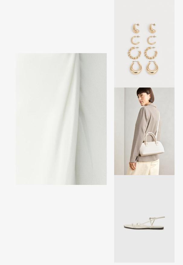 Valkoinen kangas, jossa on teksturoitu pinta, esittää lempeitä taitoksia ja ripustuksia. Materiaali vaikuttaa kevyeltä ja sileältä.; Beige litte sandaalit, joissa on useita hoikkia hihnoja ja säädettävä solki. Pohja on litteä, ja reunassa on kevyt tumma kontrasti.; Valkoinen rakenteellinen käsilaukku, jossa on lyhyet kahvat ja olkahihna, varustettu kultaisilla metalliosilla ja tekstuurilla, esillä harmaata taustaa vasten.; Sarja viisi kultaketjua, joissa on erilaisia muotoiluja: kierrettyjä, uritettuja ja tasaisia pintoja hoop- ja puolikuun muodoissa.