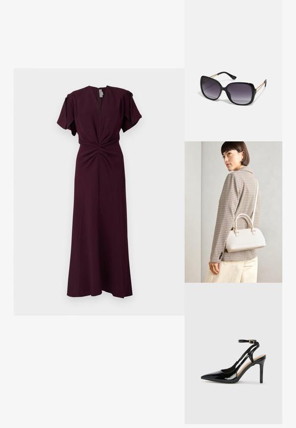 Burgundy maxi dress with short sleeves, a deep V-neck, and pleated front detail. Made from a smooth, lightweight fabric.; Black patent leather high-heeled slingback shoe with pointed toe, adjustable ankle strap, and open sides. Smooth texture.; Black oversized sunglasses with gradient lenses, thick frames, and gold-tone chain detailing on the temple arms.; White structured handbag with short handles and a shoulder strap, featuring gold hardware accents and textured material, displayed against a grey background.