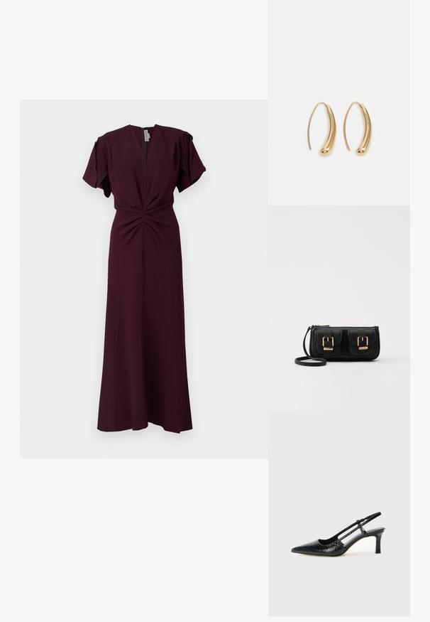 Μακριά μπορντό φόρεμα με κοντά μανίκια, βαθύ V-ντεκολτέ και πτυχωτή λεπτομέρεια στο μπροστινό μέρος. Φτιαγμένο από ένα λείο, ελαφρύ ύφασμα.; Μαύρη πατέντα σλινγκμπάκ γόβα με μυτερή μύτη, διαθέτει υφή από φίδι, ρυθμιζόμενο λουρί και κοντή, υφή τετράγωνη φτέρνα.; Μαύρη δερμάτινη τσάντα ώμου με δύο μπροστινές τσέπες, χρυσά κούμπωματα, κλείσιμο με φερμουάρ και λεπτό λουρί. Υφή επιφάνειας και κομψό ορθογώνιο σχήμα.; Χρυσές μεταλλικές σκουλαρίκια κρίκοι με καμπυλωτό, ελκυστικό σχήμα. Περιλαμβάνουν μια λεία, γυαλιστερή επιφάνεια και στρογγυλή άκρη για πρόσθετη λεπτομέρεια.