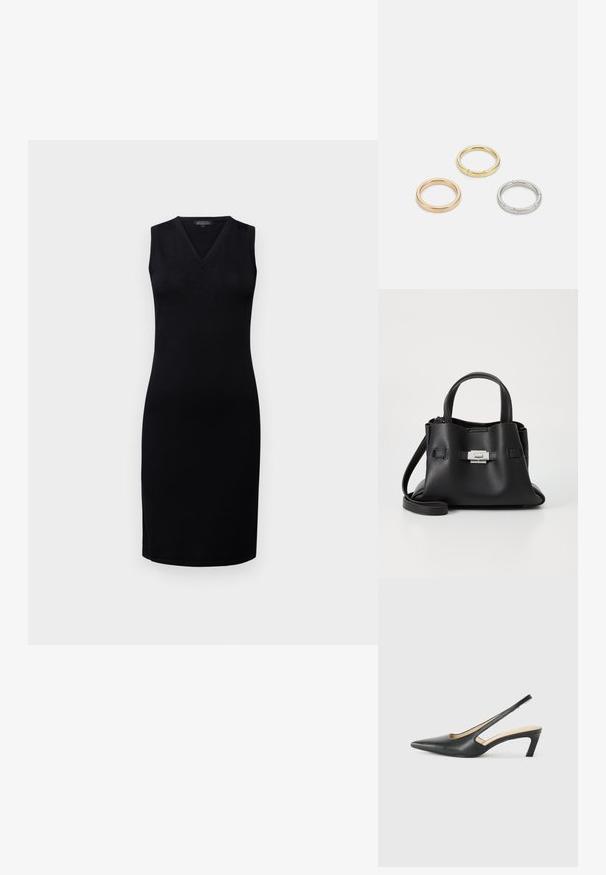 Armani Exchange VESTITO - Jerseyklänning - black; Svart spetsig slingback-sko med låg klack, som har ett slätt lädermaterial och utskärningsdesign på sidan för andningsförmåga.; Svart läderhandväska med en texturerad yta, utrustad med två ovandelar, en avtagbar axelrem och en detalj med silverlås.; Tre metallringar: en roséguld, en guld med texturerade detaljer och en silver, alla med ingraverad märkning på den inre ringen.