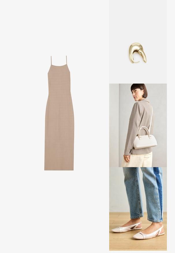 Bēžs ribots maxi kleita ar plānām spaghetti siksnām un taisnu siluetu, ar gludu tekstūru un minimālistisku dizainu.; Bālti rozā siksniņu dzīvokļi ar smailu purngalu, izgatavoti no gludas ādas līdzīgās materiāla. Iezīmē izgriezumu detaļas sānos un platu papēdi.; Balta strukturēta roku soma ar īsām rokturiem un plecu siksnu, ar zelta aparatūras akcentiem un strukturētu materiālu, izstādīta uz pelēka fona.; Zeltīti metāla auskari ar gludu, izliekta dizaina. Ar atšķirīgu smailu formu, pulētu virsmu un eņģu aizdari.