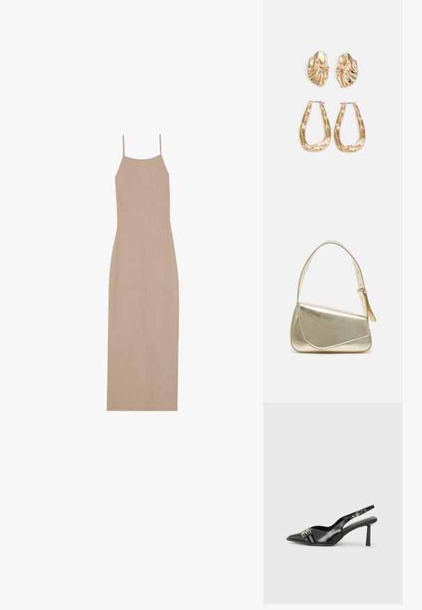 Beige ribbattu pitkä mekko ohuilla spaghetti-hihnoilla ja suoralla siluetilla, joka on varustettu sileällä pinnalla ja minimalistisella designilla.; Musta patenttinen nahkainen slingback-kengät, joissa on terävä nenä, nilkkahihnat hopeisilla soljilla ja varusteilla sekä hoikka korko.; Kultainen metallinen käsilaukku, jossa on jämäkkä muotoilu, sileä pinta ja säädettävä olkahihna. Sisältää ainutlaatuisen kolmiomaisen muodon ja minimalistisen tikkaustyylin.; Korukultainen korvakorut, joissa on teksturoituja, aaltoilevia muotoja. Mukana on veistokselliset klipsikorvakorut ja avoin rengasmalli, jossa on vasaroitu pinta.