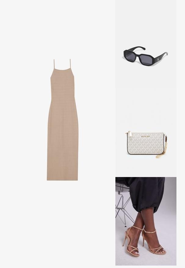 Vestido maxi de color beige con finas tirantes de espagueti y una silueta recta, que presenta una textura suave y un diseño minimalista.; Sandalias de tacón beige con embellishments de cristal, con punta abierta, tiras finas y una silueta elegante.; Gafas de sol negras con un marco octagonal, lentes oscuros, material de plástico brillante y un acento de logo plateado en un lado.; Monedero de muñeca Michael Kors en lona recubierta beige que presenta un patrón repetido del logo MK, herrajes dorados y una correa de cadena desmontable.; Pendientes metálicos dorados con un diseño ondulado; superficie lisa y reflectante; forma asimétrica; sin patrones o elementos visibles.