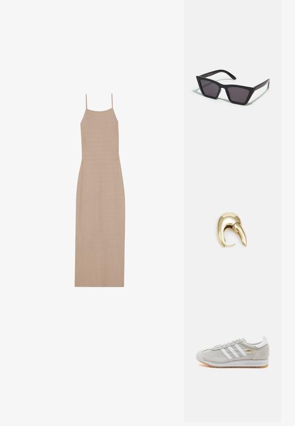 Beige ribbes maxi-kjole med tynne spaghetti-stroppar og en rett silhuett, med en glatt tekstur og minimalistisk design.; Lys grå sneaker laget av semsket skinn og mesh, med tre hvite striper, rund tå og såle av gummi. Gull logo-aksent nær snørebåndene.; Svarte, kantete solbriller med grå linser; laget av plast, med tykke stenger som har en glatt overflate og ingen synlige festemidler.; Gullfarget metalløredobber med et elegant, buet design. Har en karakteristisk spiss form, polert overflate og hengsel-lukking.