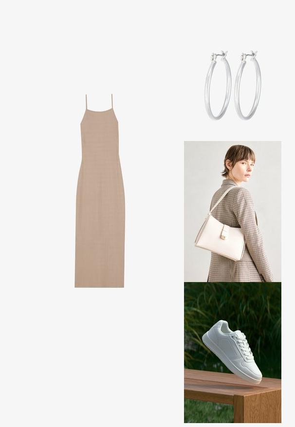 Bež haljina do poda s rebrastim uzorkom, tankim trakama za ramena i ravnim siluetom, s glatkom teksturom i minimalističkim dizajnom.; Bijela tenisica sa glatkim sintetičkim gornjim dijelom, perforiranim prednjim dijelom, ravnim vezicama i teksturiranom potplatom, prikazana na drvenoj površini.; Bijela kožna torba s čvrstim dizajnom, s magnetskim kopčanjem i remenom za rame, prikazana na neutralnoj pozadini.; Srebrne kružne naušnice s glatkom, poliranom površinom. Okrugli oblik i sigurno kopčanje na klik. Lagani dizajn pogodan za svakodnevno nošenje.