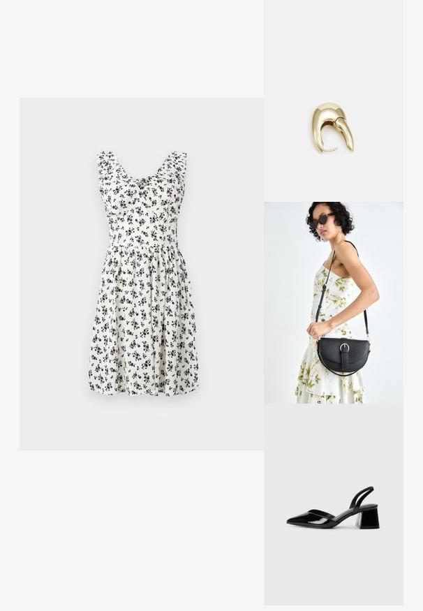 Hvit blomsterkjole med svarte, små blomster, uten ermer, rynket liv og vidde i skjørtet. Glatt stoff med en lett og flytende tekstur.; Svarte patentlær slingback hæler med spiss tå og geometrisk blokk hæl. Har et stilrent, minimalistisk design og jevn tekstur.; Svart lærveske med en buet form, avtagbar stropp og gullbeslag. Vesken har et klaff med spenne-detall.; Gullfarget metalløredobber med et elegant, buet design. Har en karakteristisk spiss form, polert overflate og hengsel-lukking.