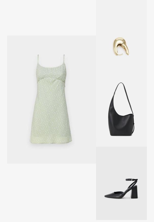 Šviesiai žalia gėlių sijoninė suknelė su prigludusia liemene ir plonomis petnešomis. Visame paviršiuje yra mažų baltų gėlių. Lygūs tekstūra, iki kelių ilgio.; Juoda odinė smailiagalė aukštakulnio bateliai su kulkšnies dirželiu ir storu kulnu. Lygus paviršius, elegantiškas dizainas ir minimalistiška estetinė. ; Juodas odinis hobo maišas su lygiu paviršiumi, kreipta forma ir viena reguliuojama rankena; turi platų atidarymą viršuje.; Aukso tono metalinės auskarai su stilingu, kreiviu dizainu. Išsiskiria ryškiu smailiu pavidalu, poliruota paviršiumi ir užsegimu su vyriu.