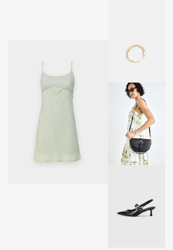 Cvjetna haljina na bretele u svijetlozelenoj boji s uskim tijelom i tankim trakama. Sadrži male bijele cvjetove po cijeloj površini. Glatka tekstura, do koljena.; Crne lakirane slingback potpetice s oštrim prstom i malom blok petom, s naglaskom na srebrnoj kopči na remenu.; Crna kožna torba s lukovitim oblikom, odvojivim remenom i zlatnim detaljima. Torba ima preklop s kopčom.; Prsten u zlatnoj nijansi s organskim, uvijenim dizajnom, glatkom teksturom i suženim krajevima, koji stvara moderan, skulpturalni izgled.