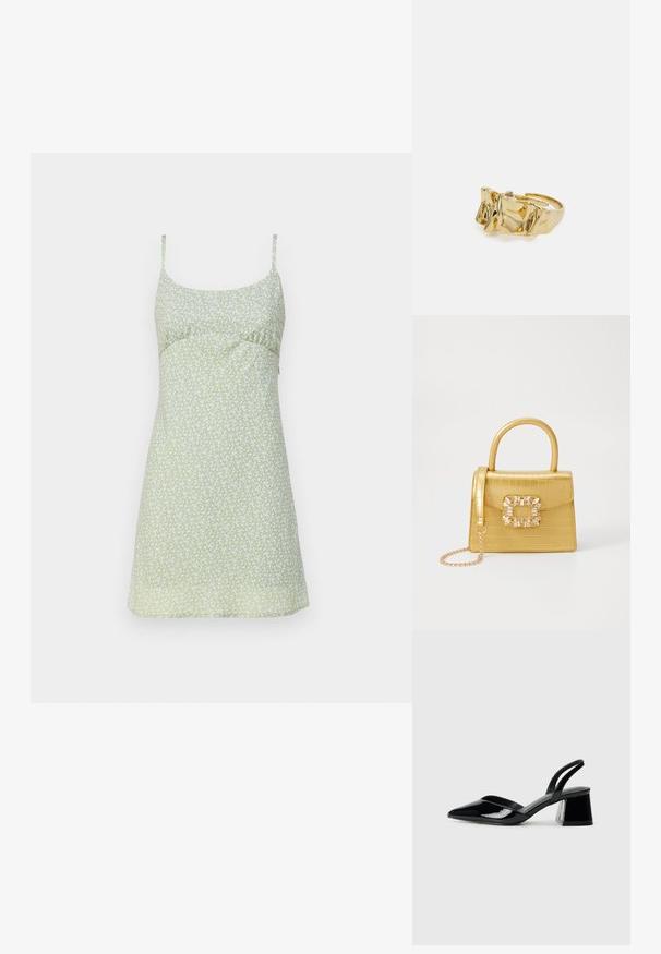 Šviesiai žalia gėlių sijoninė suknelė su prigludusia liemene ir plonomis petnešomis. Visame paviršiuje yra mažų baltų gėlių. Lygūs tekstūra, iki kelių ilgio.; Juodos lakuotos odinės šlepetės su smailiu pirštu ir geometriniu bloko kulnu. Turi elegantišką, minimalistinį dizainą ir lygų paviršių.; Geltonas dirbtinės krokodilo odos rankinukas su standžiu dizainu, viršutine rankena, nuimamu grandininiu dirželiu ir dekoratyviniu krištolo papuošimu ant užsegimo.; Aukso žiedas su tekstūruotu, banguotu dizainu, turintis tris iškilias viršūnes. Lygus, blizgus paviršius su atviromis juostelėmis, leidžiančiomis reguliuoti dydį.