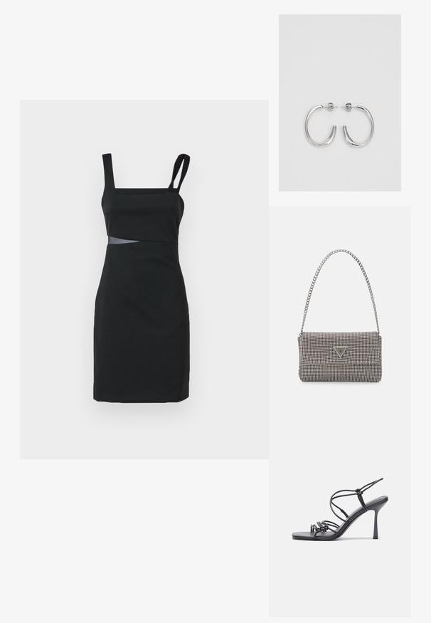 Fekete ruha négyzet alakú dekoltárral, egy állítható pánttal, testhez álló fazonnal, textúrázott derékrésszel és sima anyaggal.; Fekete magas sarkú szandálok vékony pántokkal, csomózott mintával, sima négyzetes orral és karcsú stiletto sarkal rendelkeznek.; Világosszürke fémes kézitáska lánc pánttal, kis kör alakú fém kifinomult díszítéssel és háromszög alakú márkagéppel.; Ezüst karika fülbevalók sima, fényes felülettel. Lekerekített forma, könnyű kialakítással, tűs zárómechanizmussal.