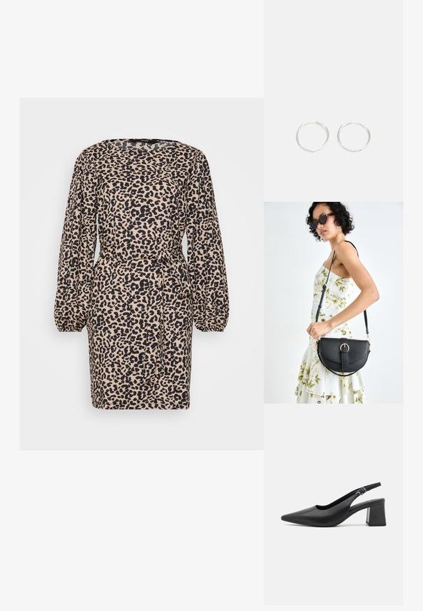 Leopardimustriga kleit, millel on pikad puffse varrukad, vööpõhistus ja Lipsu detail. Valmistatud pehmest kangast, mille värvitoonid on beež ja must.; Must mustrakk mustraali pehmedest nahast tossud terava nina ja paksu plokknööbiga. Omab reguleeritavat rihma metallklambriga.; Mustmust mustraha kõverate joontega, eemaldatava rihmaga ja kuldsete detailidega. Kotil on klapp, millel on pandladetail.; Hõbedased rõngaskõrvarõngad, millel on sujuv ja ümar disain, millel on sile pind ja nähtavad kaunistused puuduvad. Diameeter ei ole täpsustatud.