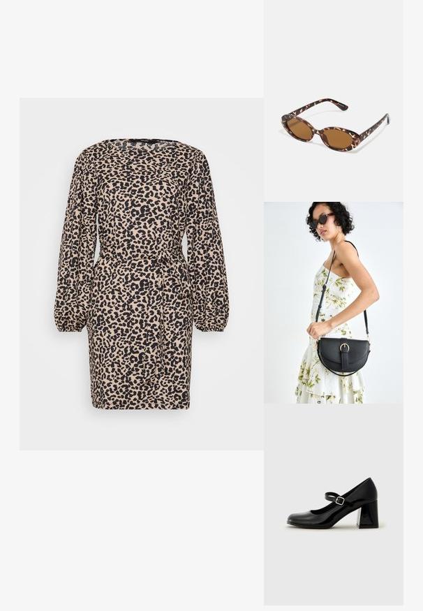 Sukienka w panterkę z długimi bufkami, pasaem w talii i wiązaniem. Wykonana z miękkiego materiału w beżowo-czarnym schemacie kolorystycznym.; Czarne lakierowane buty typu Mary Jane z zaokrąglonym noskiem, regulowanym paskiem i masywnym prostokątnym obcasem. Gładka tekstura z błyszczącym wykończeniem.; Okulary przeciwsłoneczne w kolorze tortoise z owalnymi soczewkami, brązowymi w odcieniu, cienkimi ramionami z teksturowanym wzorem, lekką plastikową oprawką.; Czarna skórzana torebka o zakrzywionym kształcie, z odpinanym paskiem i złotymi akcentami. Torebka posiada klapę z zapięciem w kształcie klamry.